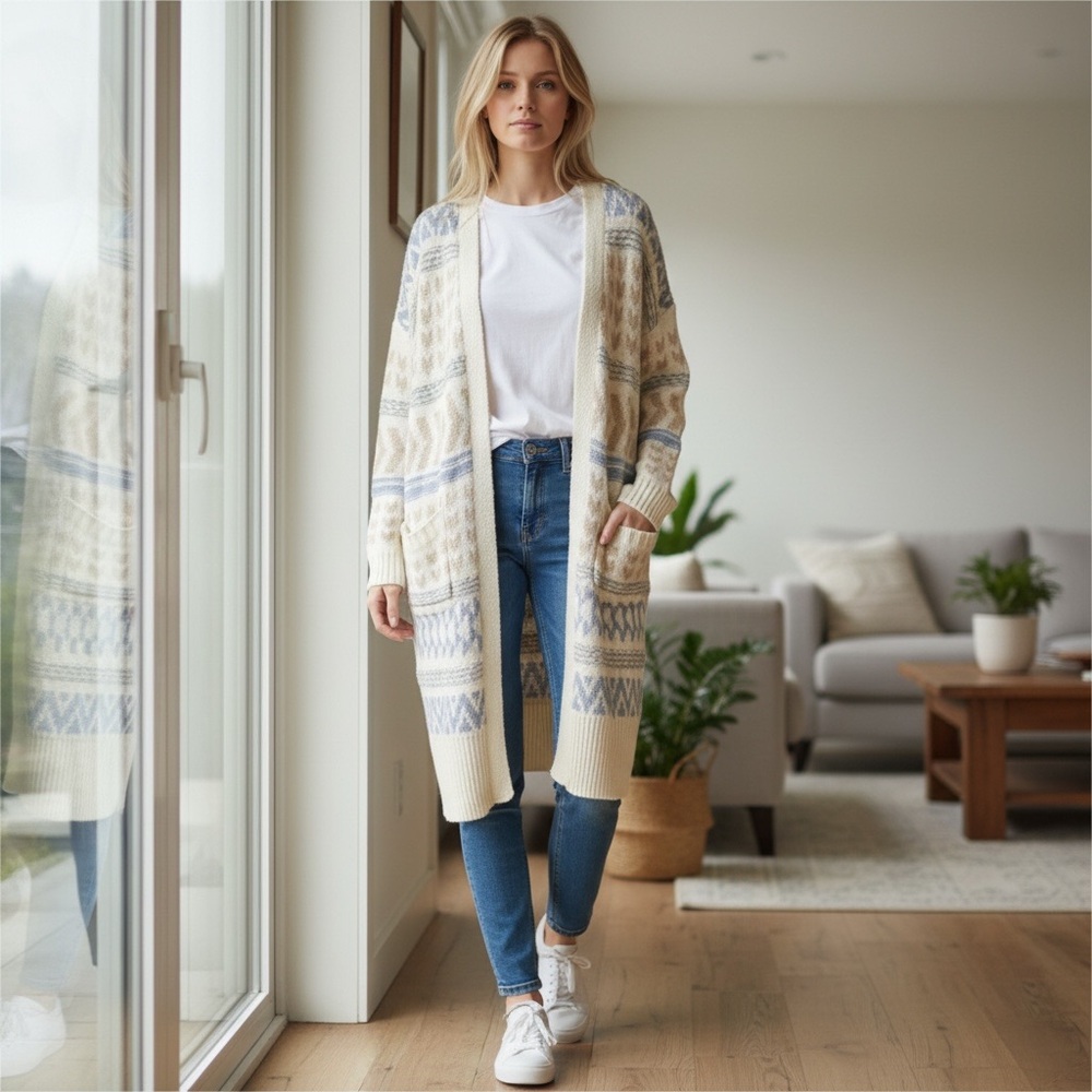 Pink Rose White, Blue and Grey Cardigan